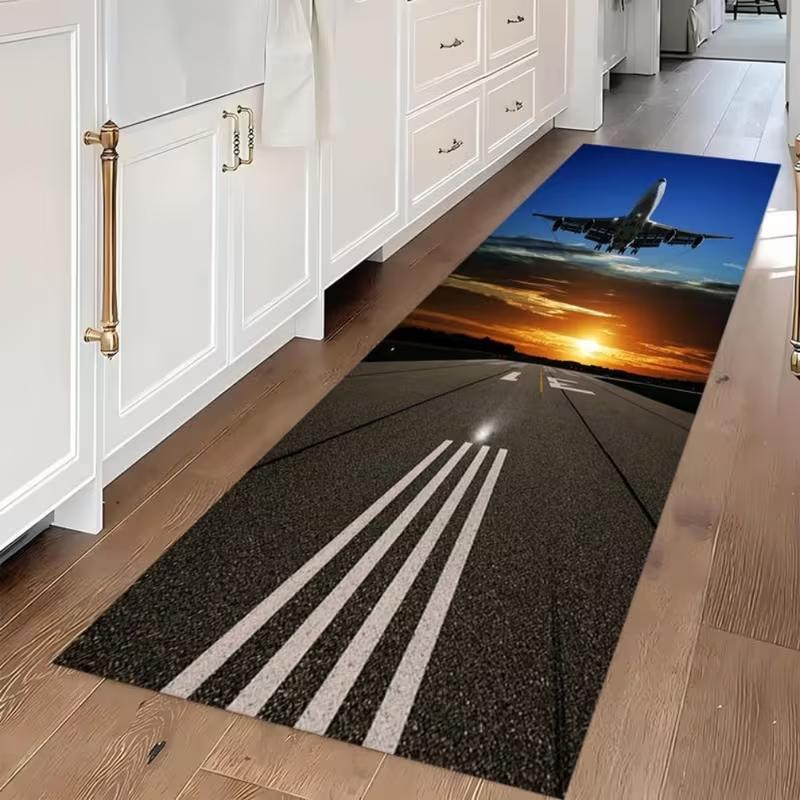 Extra Long Airport Runway Rug - Aviation-Themed Floor Mat with Airplane Non-Slip Backing Machine for Home Office Airport Decor