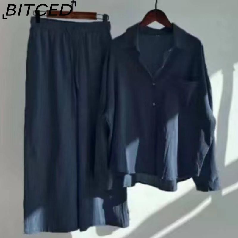BITCED Women's 2-piece Vintage Plus-size Cotton and Linen Shirt Set High-waisted Loose Trousers