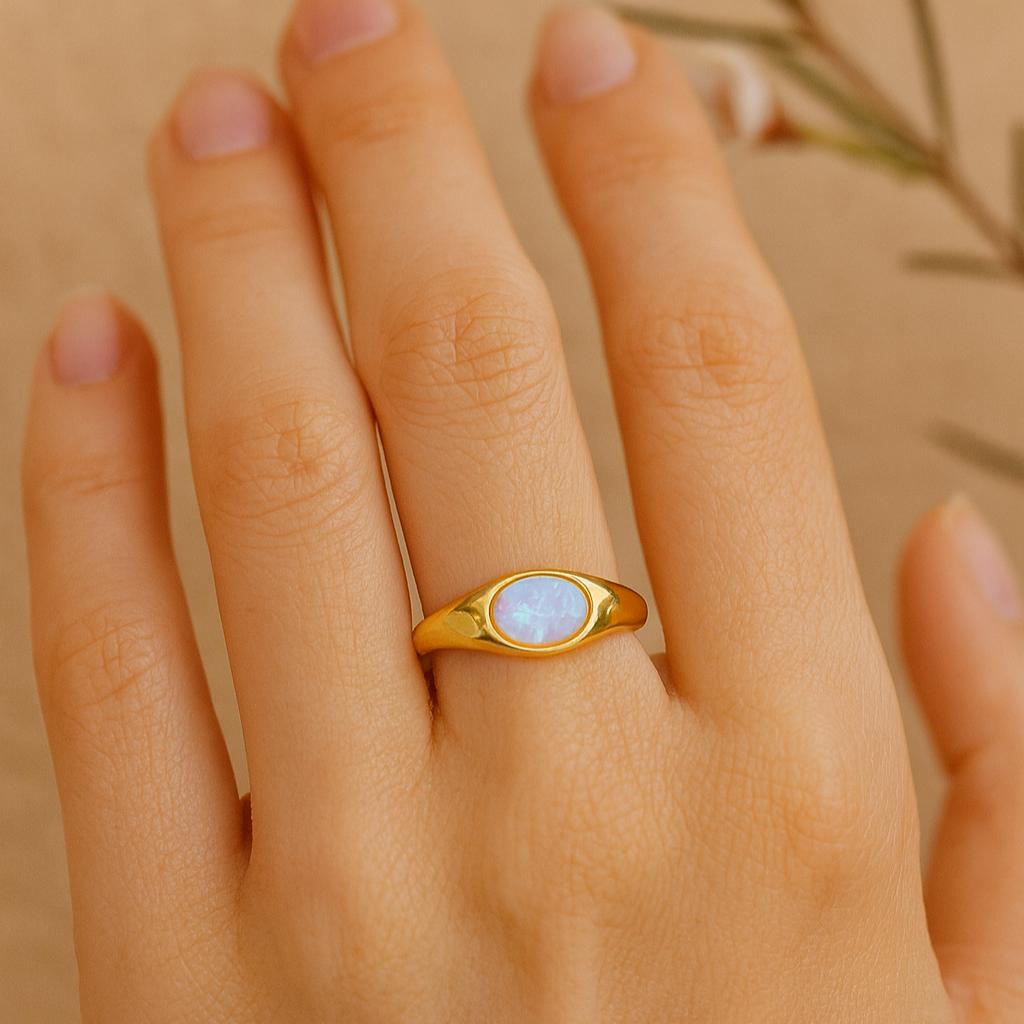 Natural Opal Ring For Him – 925 Sterling Silver Chunky Signet Ring, Yellow Gold Plated Vermeil, Handmade October Birthstone Ring