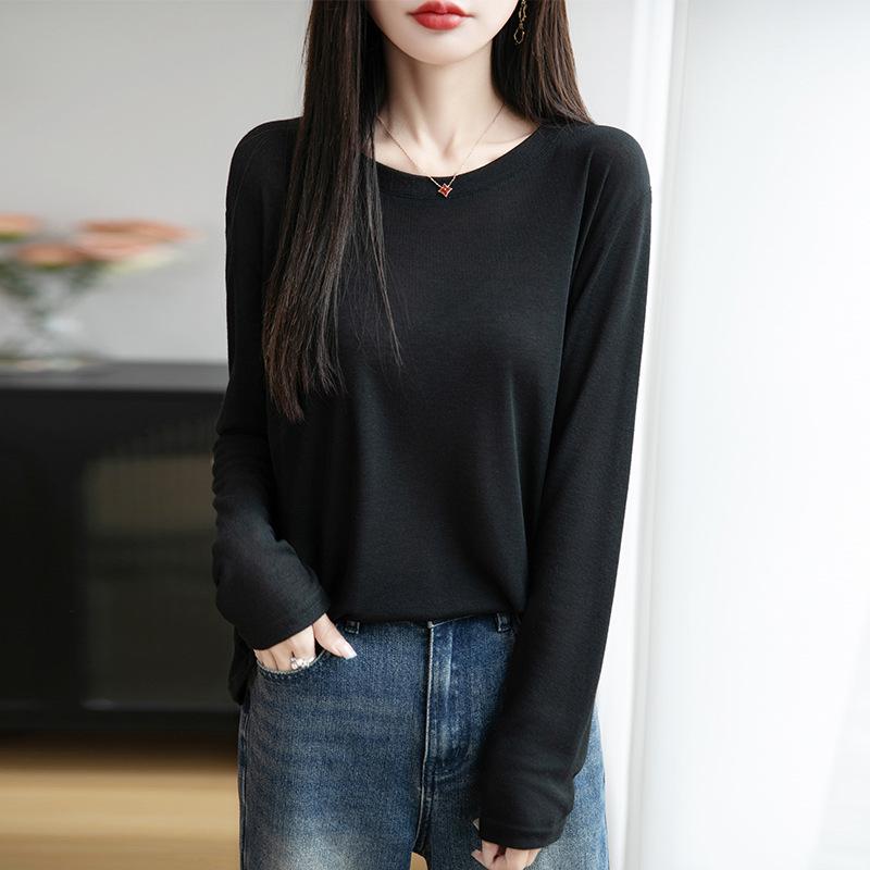 Summer New Crew Neck Knitted Sweater Long-sleeved Solid Color Loose Versatile Pullover Bottoming Shirt Women's Knitted Sunscreen Shirt