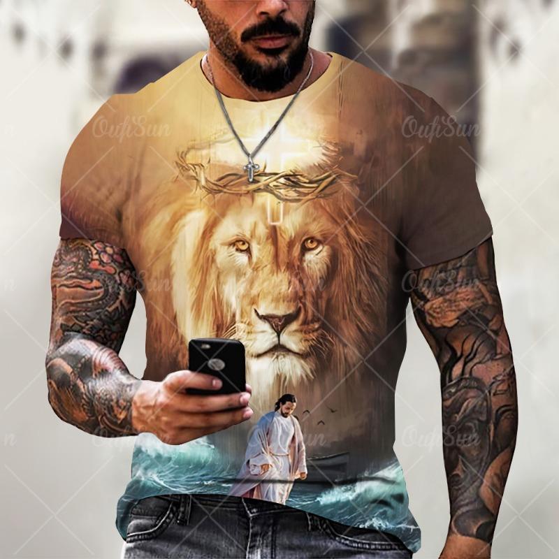 Christ Jesus T-Shirts for Men 3D Lion Printed T-Shirt Summer Clothes Short Sleeve Streetwear Vintage