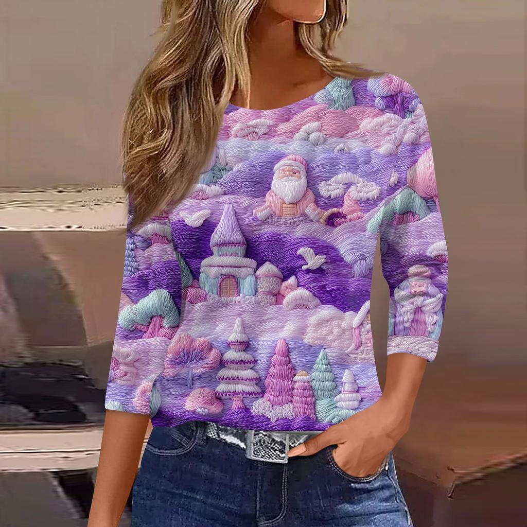 Women's Fashionable Casual Three Quarter Sleeve Christmas Printed Round Neck Top