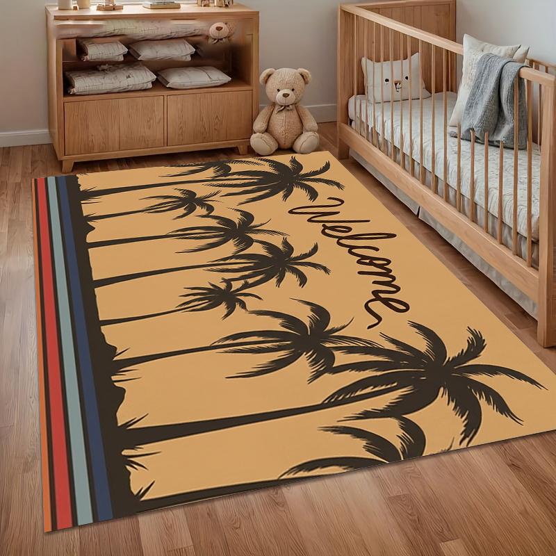Retro Palm Tree Welcome Area Rug Vintage Striped Border Design Non Slip Washable Floor Carpet for Entryway Hallway