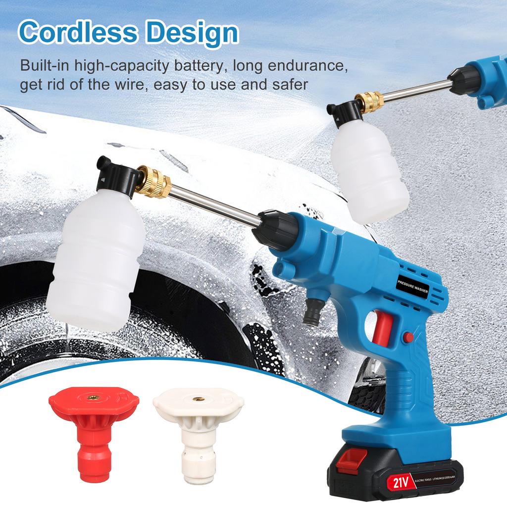 20V Cordless Batt y High Pressure Wash 30Bar 450PSI Car Wash Portable Pow Wash with Rechargble 3.0Ah Batt y,2 Spray Nozzle for Car/Fence/
