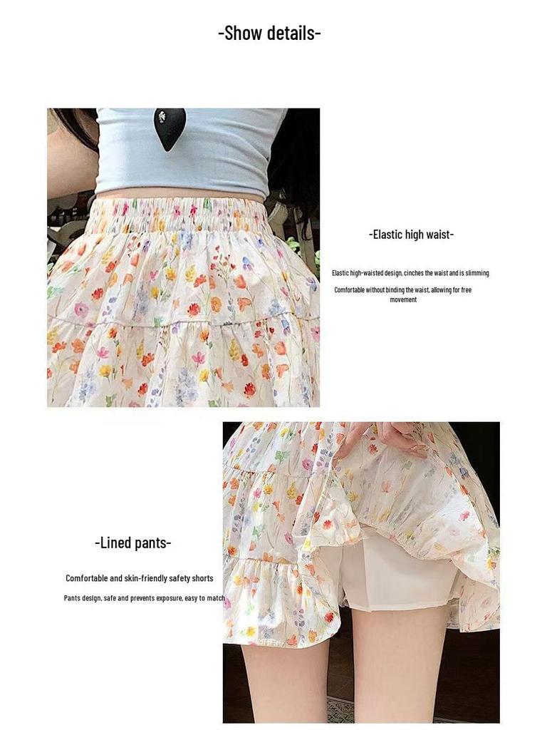 Women's Floral Print A-Line Mini Skirt - Summer High Waist, Slimming Korean Style, Sweet Pleated, Petite Layered Cake Design