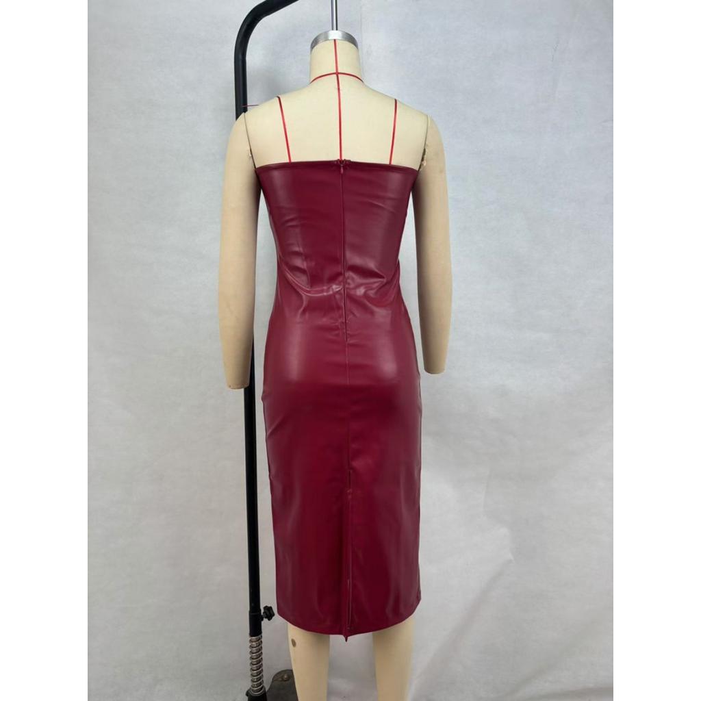 2025 Herbst Winter Damen PU Leder Korsettkleid, Sexy Wickelstil Bodycon Mini Kleid mit hohem Schlitz, Ärmelloses Bustier Abendkleid für Party