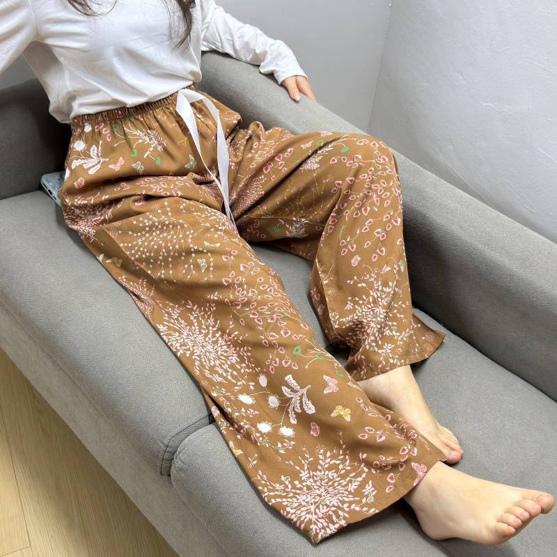 Damen-Blumen-Baumwoll-Seiden-Pyjama - Große Größen, Sommer, Leicht, Für draußen, Gerades Bein, Lockerer Schnitt