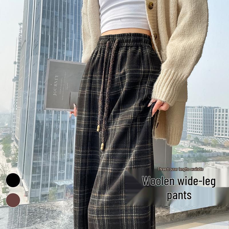 Women's Autumn 2026 Plaid Wool High-Waist Wide-Leg Floor-Length Pants