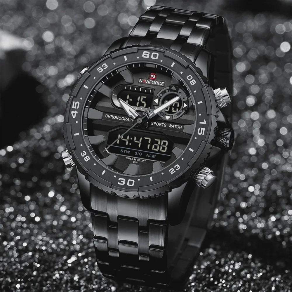 Fashion Golden Men Watch Multi-functional Quartz Wrist Watches Quartz Analog + LED Digital Movement Waterproof Steel Strap