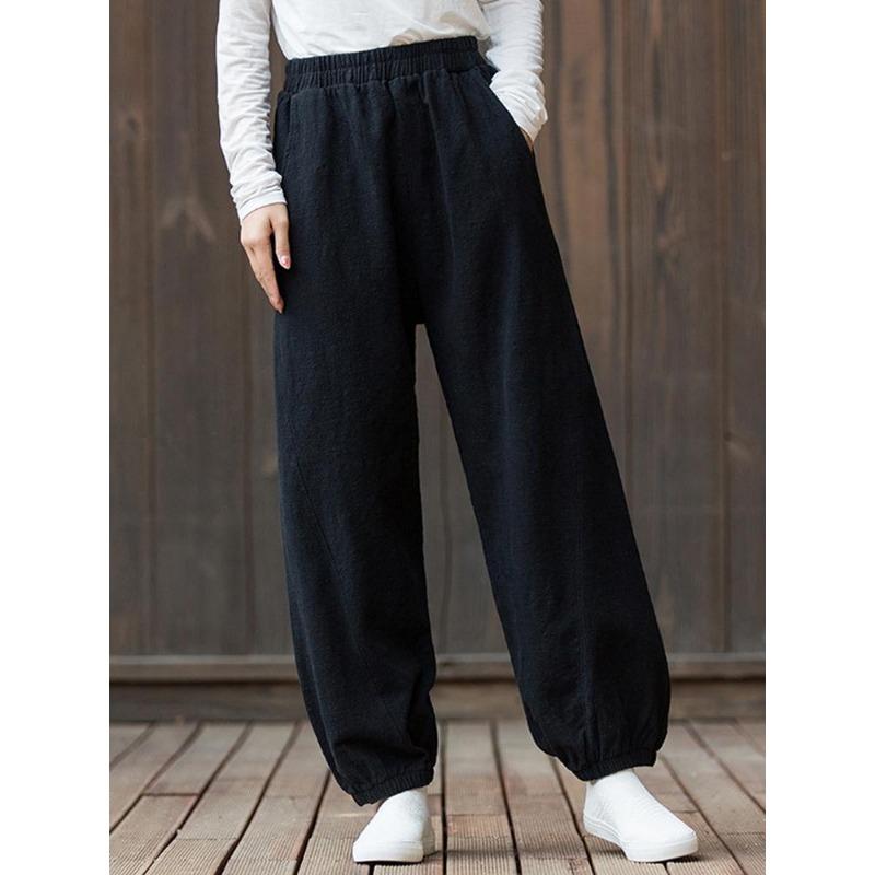 Johnature Damen-Hose aus Leinen mit weitem Bein, 8 Farben, Vintage, elastische Taille, Frühlingshosentaschen, lockere, lässige lange Damenhose