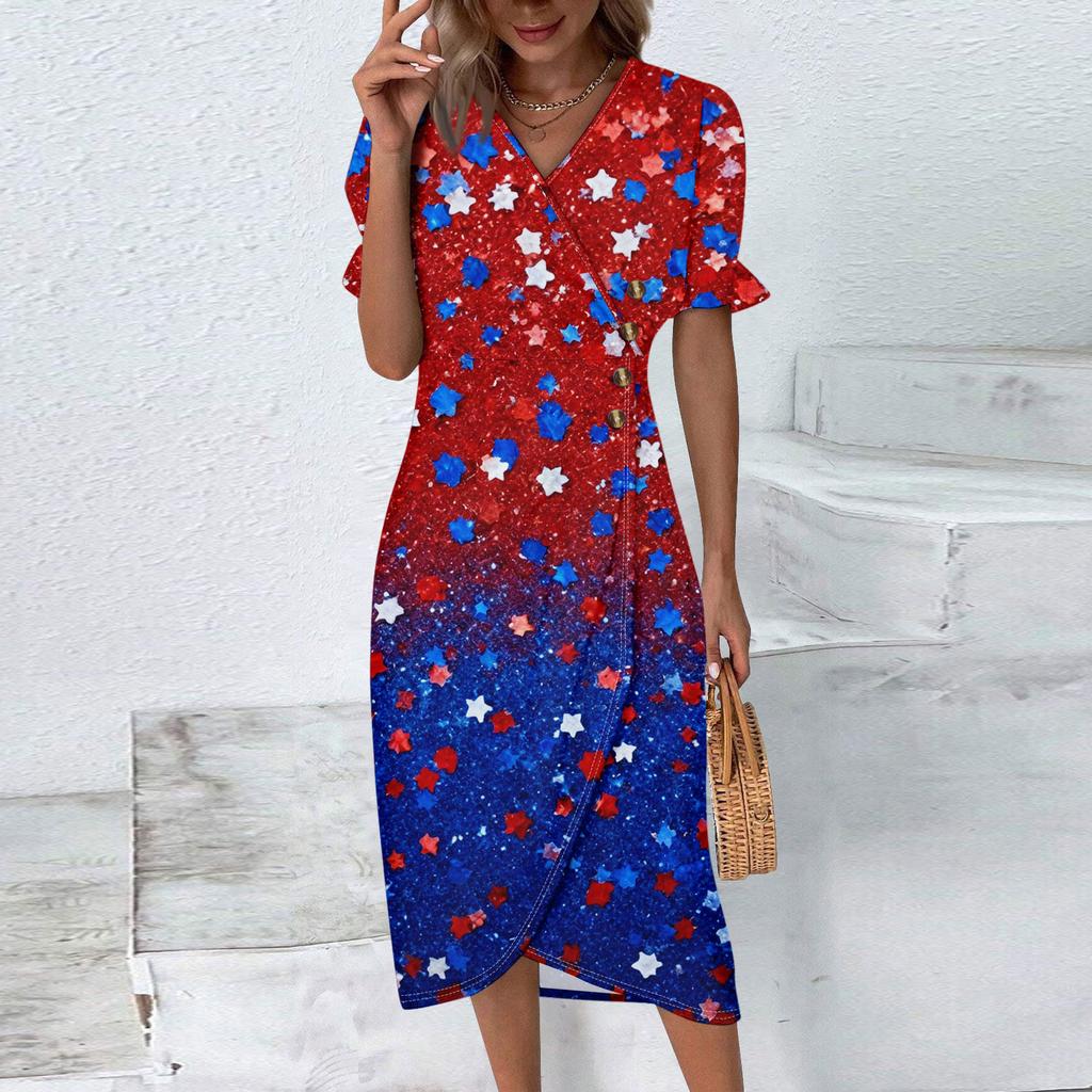 Strandkleider für Damen Frühling Sommer Elegant Wickel V-Ausschnitt Unabhängigkeitstag Print Kleid Fließend Gerafft Hawaiianisches Maxikleid