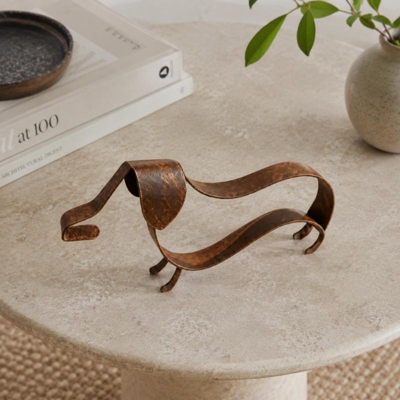 Open-Frame Wiener Dog Sculpture In Metal with a Mottled Aged-Look Finish for Indoor Cabinets, Shelves, and Desktops