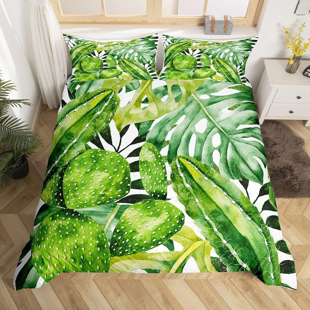 Bright Cactus Duvet Cover Set Full Queen For Girls Boys Green Plants Succulents Bedding Set Nature Art Soft Chic Comforter Cover