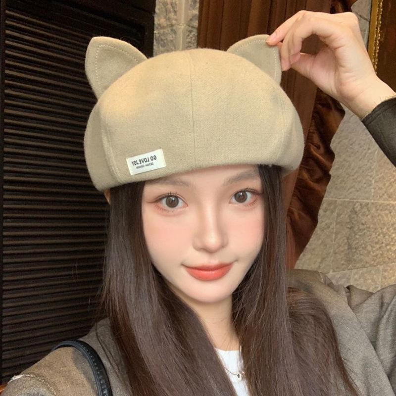 

Милый берет с кошачьими ушками для женщин на осень и зиму Новый стиль Универсальная шляпка-тыковка Японская шерстяная теплая шляпа художника