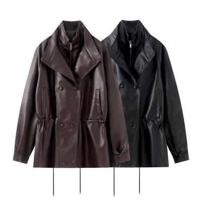 Elegant European-Style Double-Breasted Leather Jacket with Pleated Waist and Stand Collar