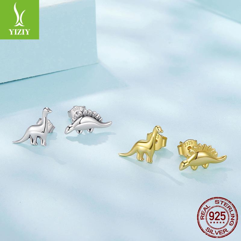 S925 Sterling Silver Asymmetric Dinosaur Stud Earrings Personalized Animal Plain Silver Stud Earrings For Men And Women