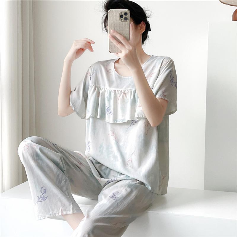 Artificial Cotton Pajamas Women's Spring and Summer Anti-bump Cotton and Silk Loungewear Suit Summer Cute Plaid Large Size Pajamas Outside Wear
