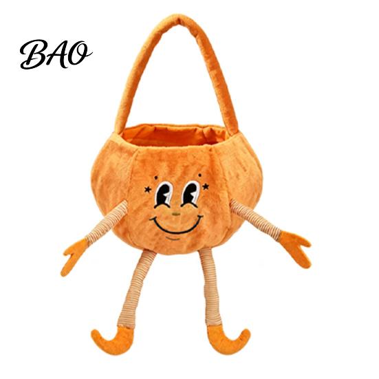 Kids Halloween Role Play Accessories Pumpkin Candy Basket with Handle, Soft Plush Trick or Treat Bag for Kids, Personalized Pails Portable Holiday