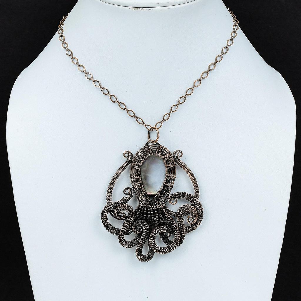 Mother Of Pearl Pendant Copper Wire Wrapped Pendant Handmade Real Gemstone Pendant Copper Wire Wrap Jewelry Octopus Pendant Engagement Gift