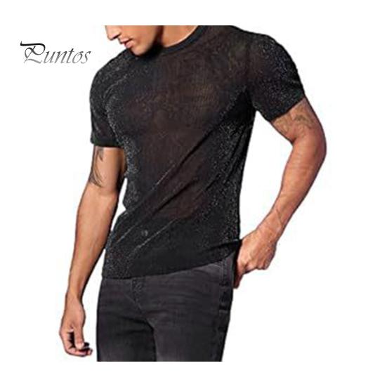 

Мужская клубная футболка с прозрачной сеткой и пайетками, круглым вырезом, короткими рукавами, эластичная тонкая футболка для мускулистых мужчин, для выступлений на вечеринках L чёрный