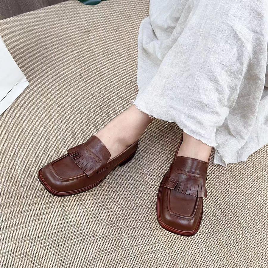 Johnature Genuine Leather Women Pumps Retro Square Toe Soft Sole Comfortable Shallow Slip-on Low Heel Shoes