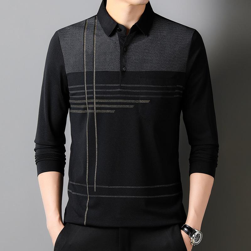 Men'S Long-Sleeved Polo Shirt Men'S Striped Lapel Collar T-Shirt Medium Casual Belt Pocket Top