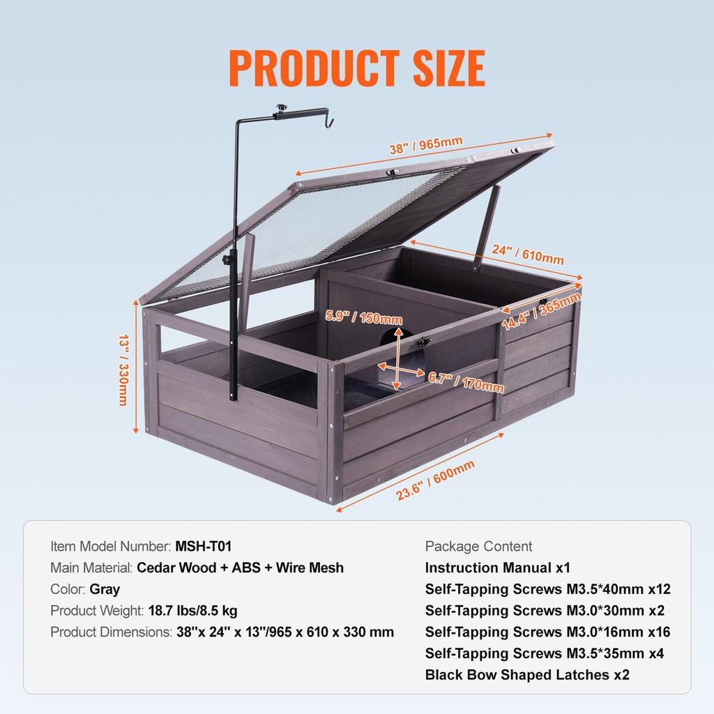 Dřevěný domeček pro želvy, habitat pro želvy, vnitřní i venkovní, 2 místnosti, 38x24x13 palců