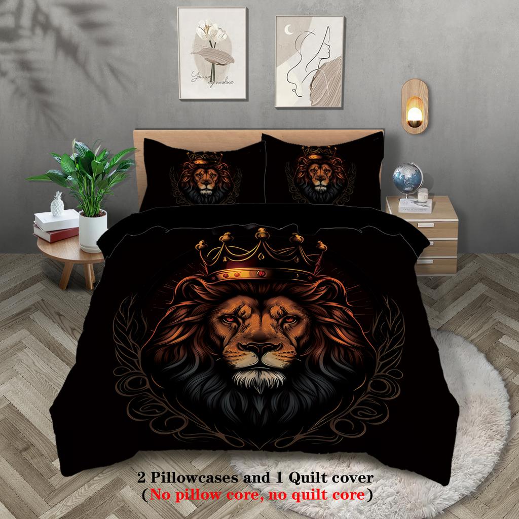 3-piece Set, Lion Pattern Printed Bedding Set, Queen, King, Double Bed, Adults Bedroom, Guestroom, Hotel, Soft and Comfortable