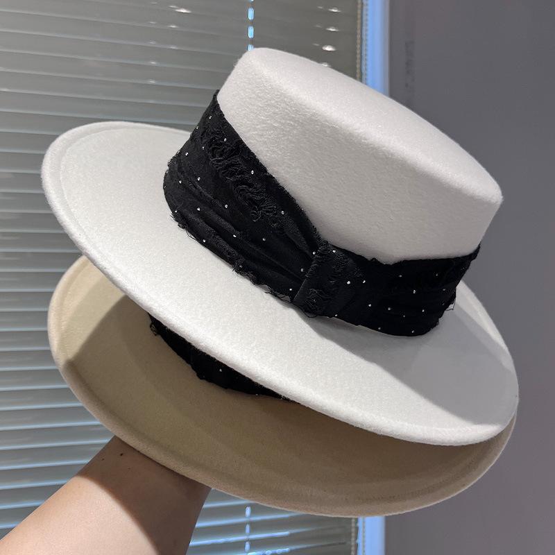 French Rhinestone Satin Top Hat Children Elegant Personality Woolen Hepburn Big Edge Flat Hat Jazz Hat