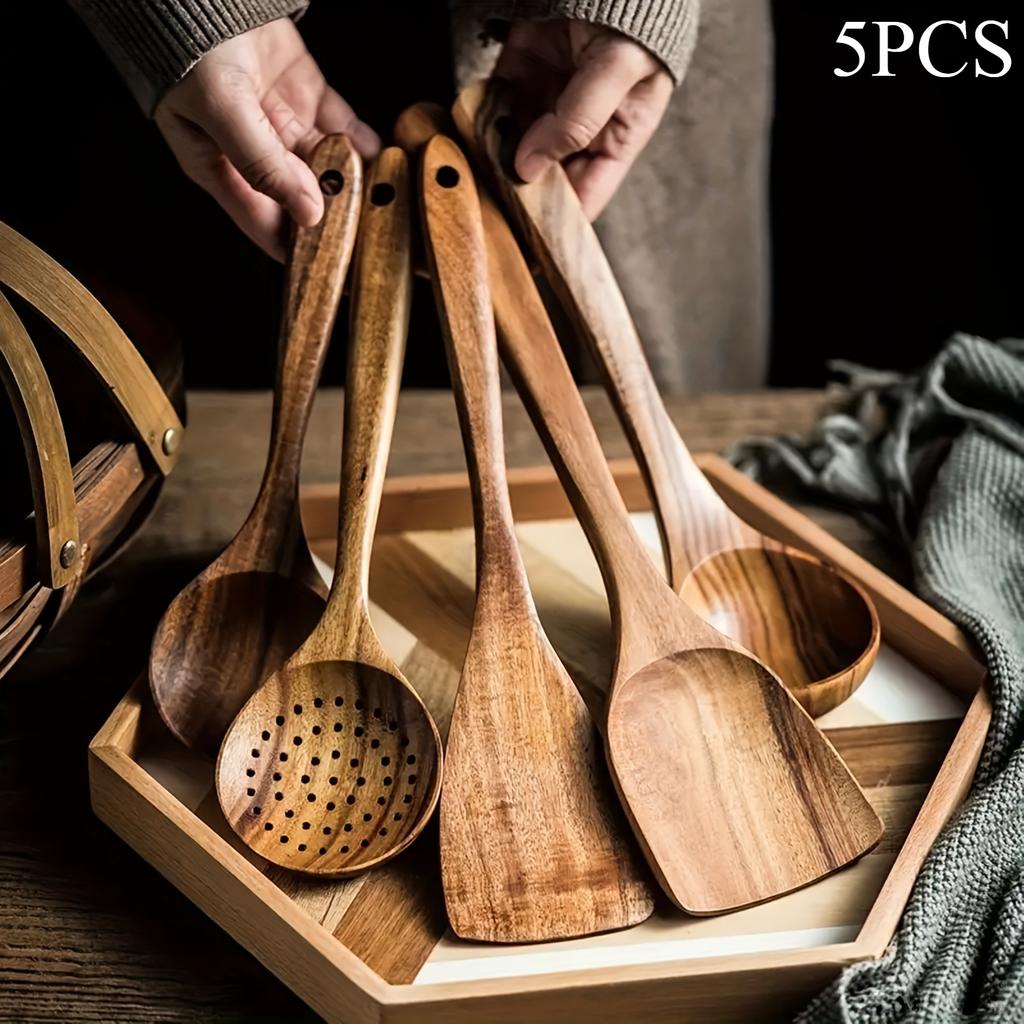 5 Stück Holz Küchenutensilien Akazien Schöpfkellen Set Antihaft Pfanne Spezial Gebratener Gemüse Schöpflöffel Haushalt Kochen Salatgabel Abtropflöffel