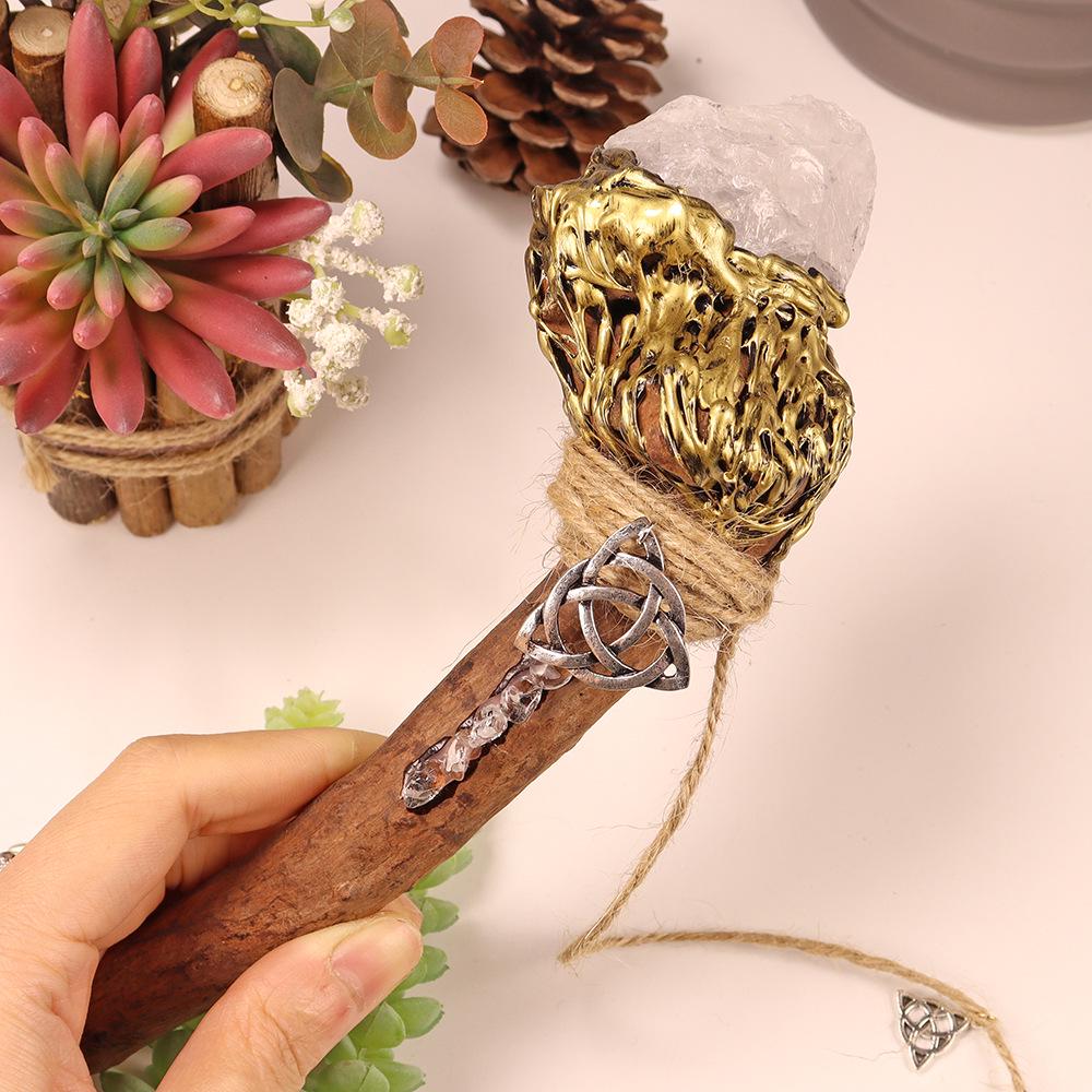 Green Fluorite Feather Celtic Knot Staff Ornament with Crushed Crystal and Raw Stone