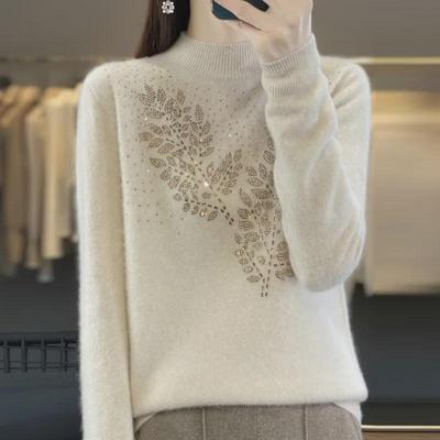 Cozy Women's Loose Pullover Sweater with Half-High Collar and Leaf Hot Diamond Design