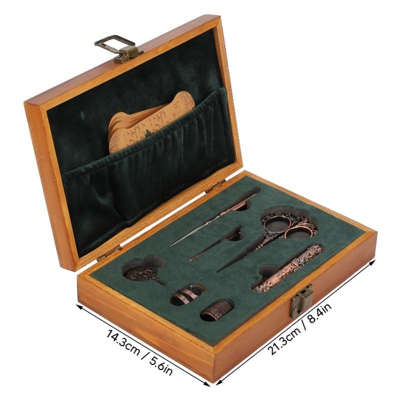 Vintage Embroidery Scissors Set Wooden Stainless Steel Sewing Box Scissors Kit Multifunctional Sewing Embroidery Tools Bronze