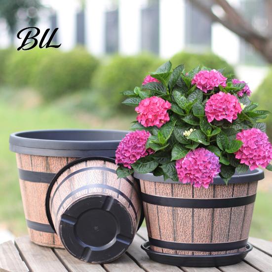 Brown Rustic Plant Pot Flowerpot Barrel Style Pots with Built-In Drainage Holes 8" Plastic-Inspired Finish Extra-Large, Thick Planter for Patio Garden