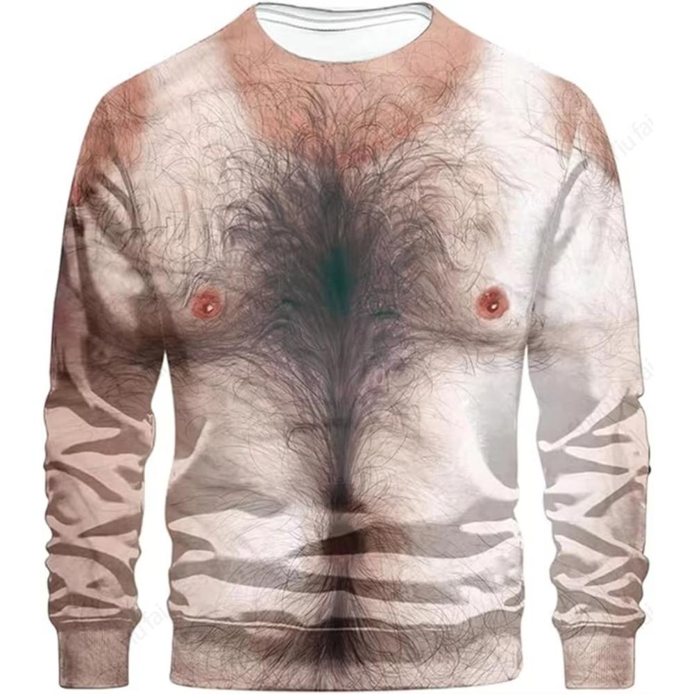 Rundhals Langarm T-Shirt 3D Lustig Muskelkörper Bedruckte T-Shirts Slim Oversized T-Shirt Herren Oberteile Hässliche Brusthaare Oberteile T-Shirts Neu