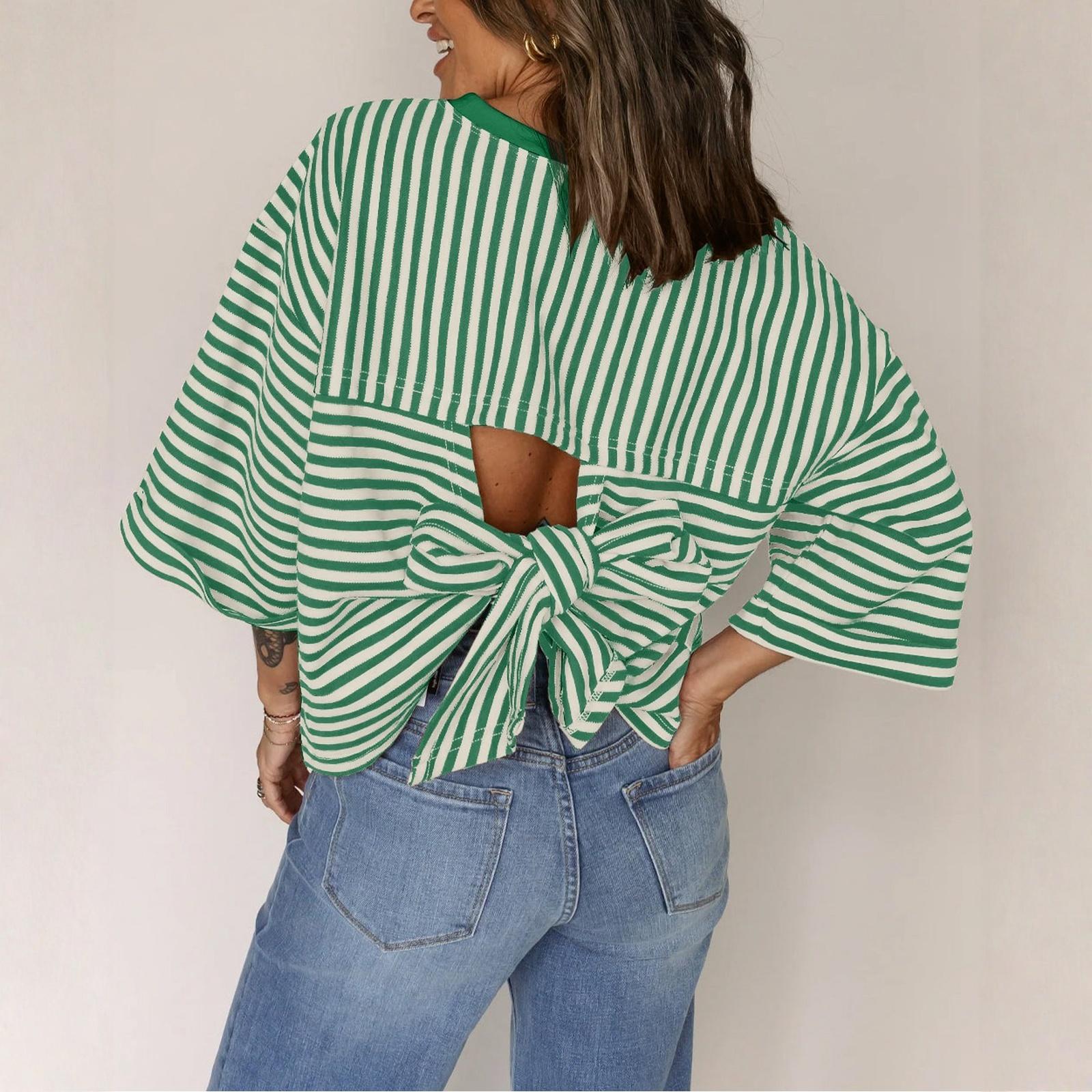 

Женская модная футболка-свитер с круглым вырезом, в полоску, с бантом сзади L