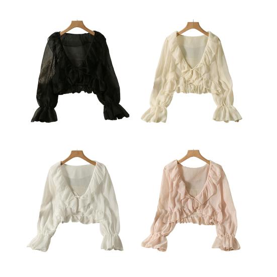 Cardigan in chiffon con scollo a V, lacci, camicia leggera, colore unito, bordo con volant, estivo, sottile, protezione solare, da indossare tutti i giorni