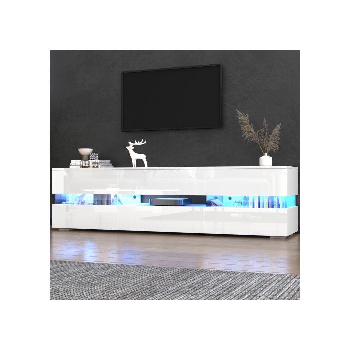 Modernt TV-bänk, blank vit, 160x39x45 cm, med LED-belysning, 2 dörrar, 1 låda
