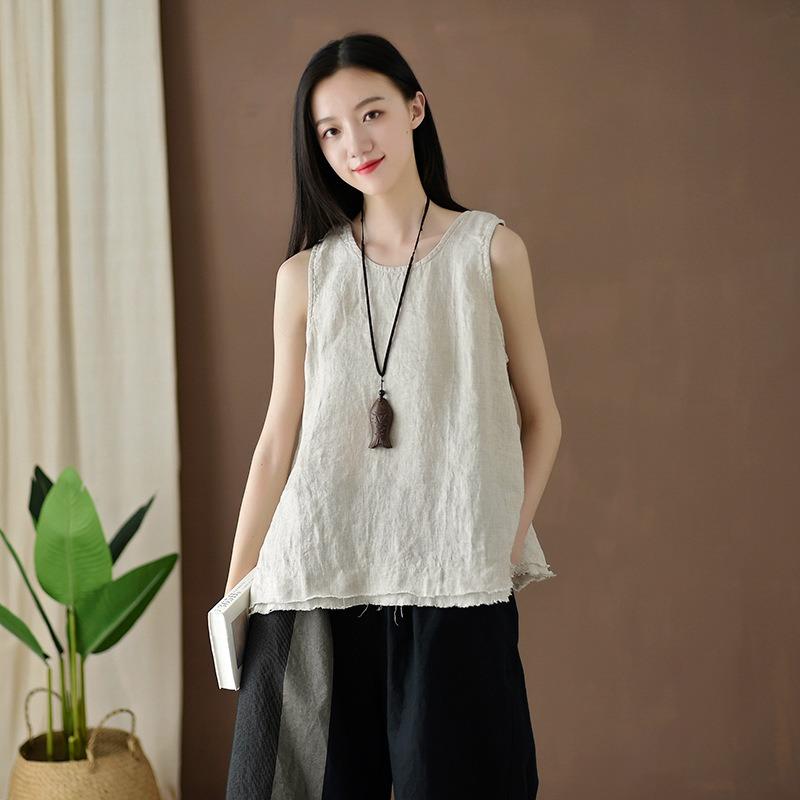 Summer new cotton and linen women's clothing literary and retro linen burr edge suspender top women's bottom small vest