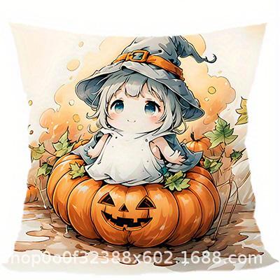 Home Decor Cute Witch Girl In Pumpkin Halloween Pillowcase Pattern Cushion Cover Suitable For Sofa Bedroom Car Pillow Cover