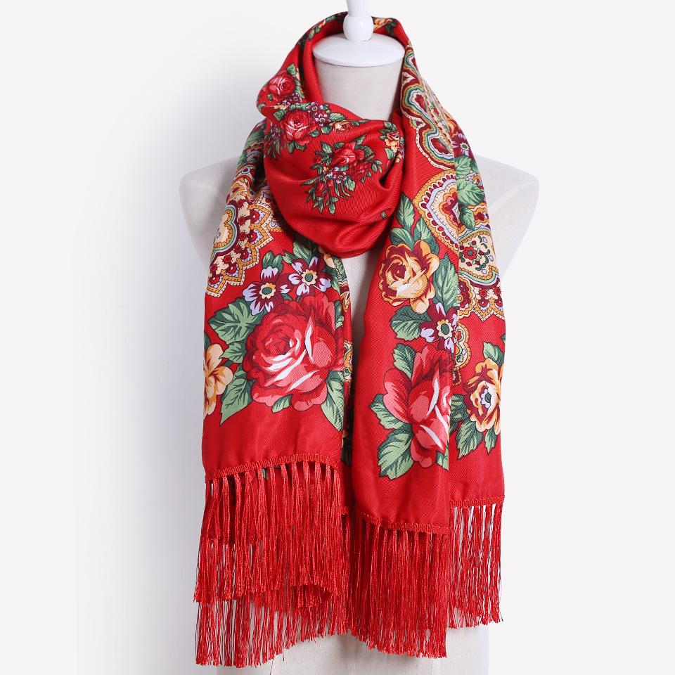Ethnisch Stil Blumenmuster Russischer Schal Damen Luxus Blumenbedrucktes Bandana Strandtücher Retro Fransen Winter Pashmina Schal