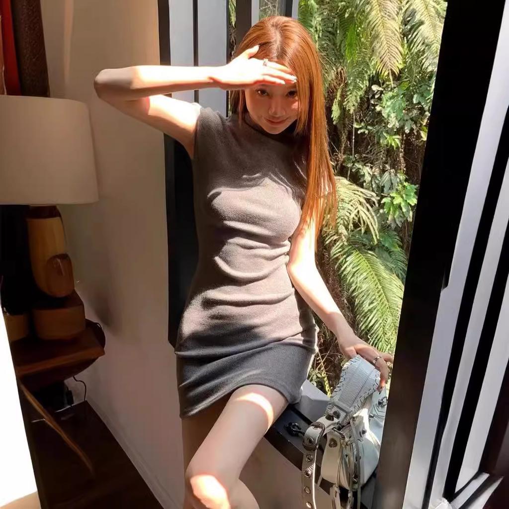 Spice Girl Semi-turtleneck Elastic Slim Dress Children Summer Skinny Short Sleeve Knitted Bottom Hip Wrap Skirt