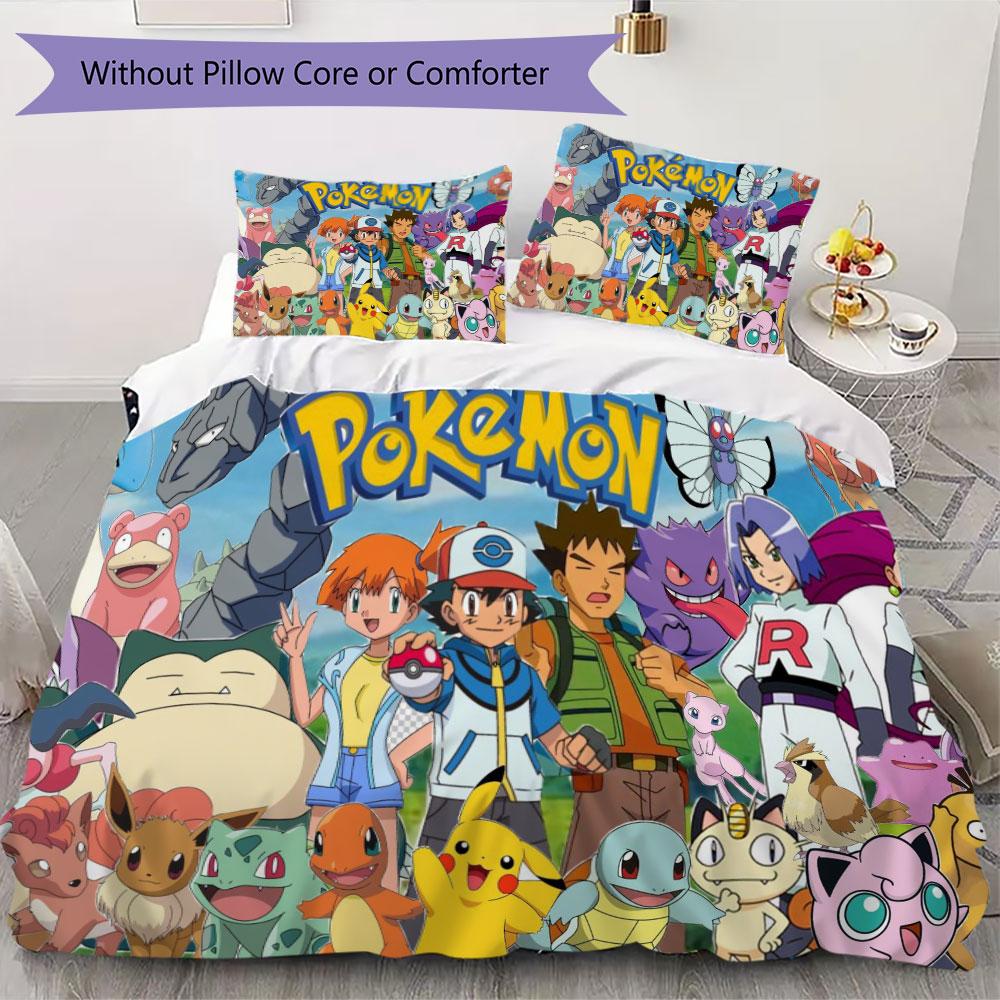 Set di biancheria da letto con stampa Pokémon da 3 pezzi include una copripiumino e una coppia di federe (riempimento non incluso), perfetto per l'uso in camera da letto.