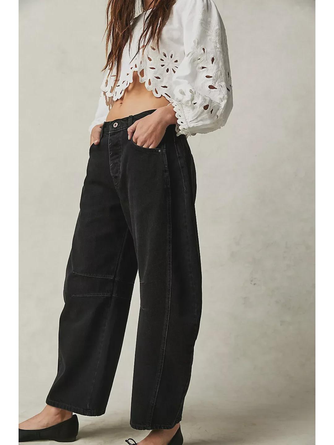 

Новая европейско-американская мода: Женские свободные брюки с заниженной талией из выстиранного денима с широкими штанинами