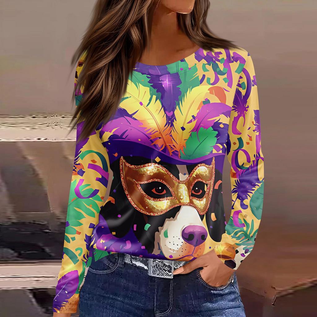 Women's Fashion Casual Slit Hem Round Neck Long Sleeve Loose Printed T-Shirt Top