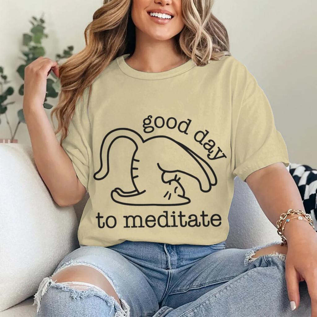 Cute Cat Yoga T Shirts Good Day To Meditate Retro Graphic Tees Women Unisex Short Sleeve Mom Dad Fun Casual Round Neck Tshirts
