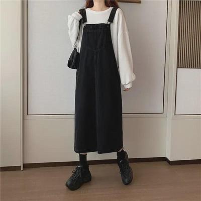Damen Übergröße Slim Koreanischer Denim Latzrock - Alterslos, Locker, Mittellang für Frühling/Herbst