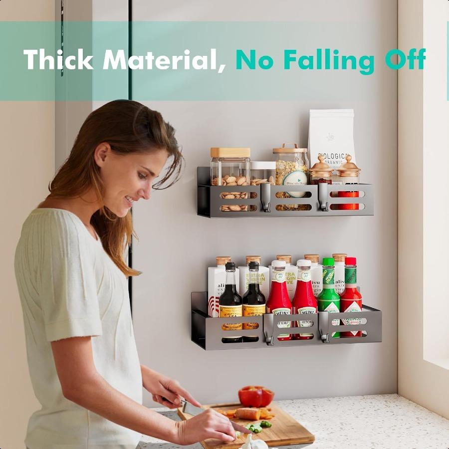 2 Pack Magnetic Spice Rack for Refrigerator Black Magnetic Shelf and Fridge Kitchen Cabinet Organizers Storage Seasoning Organi