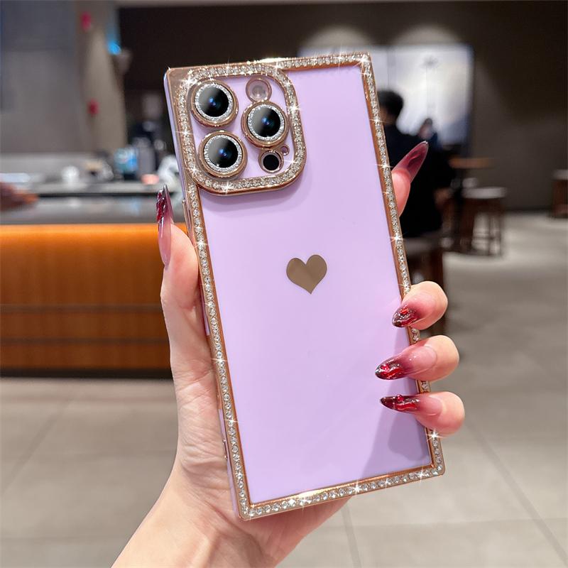 Luxury Diamond Glitter Love Heart Phone Case For iPhone 13 14 15 16 Pro Max Plus Fashion Plating Soft Shockproof Bumper Cover