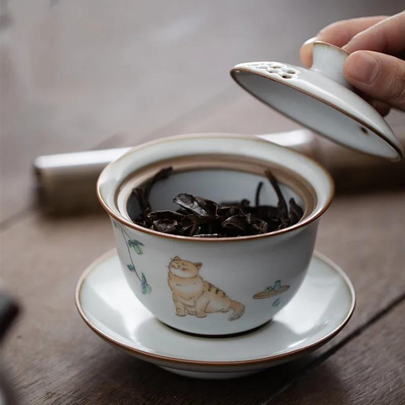 Chinese Ru Kiln Ceramic Gaiwan Cute Cat Pattern Filter Teacup Travel Portable Handmade Tea Bowl Home Tea Set Drinkware 150ml